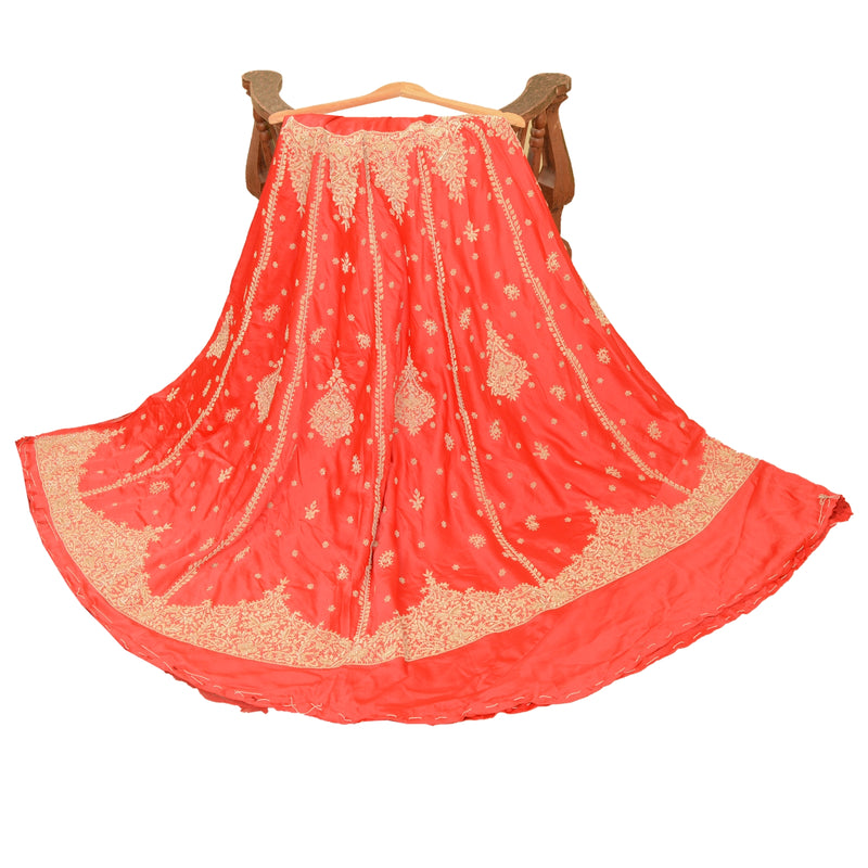 Sanskriti Vintage Red 100% Pure Satin Silk Long Skirt Unstitched Hand Beaded Zardozi