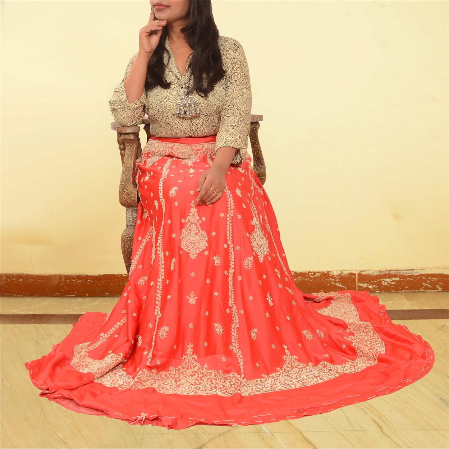 Sanskriti Vintage Red Long Skirt Pure Satin Silk Hand Beaded Unstitched Lehenga
