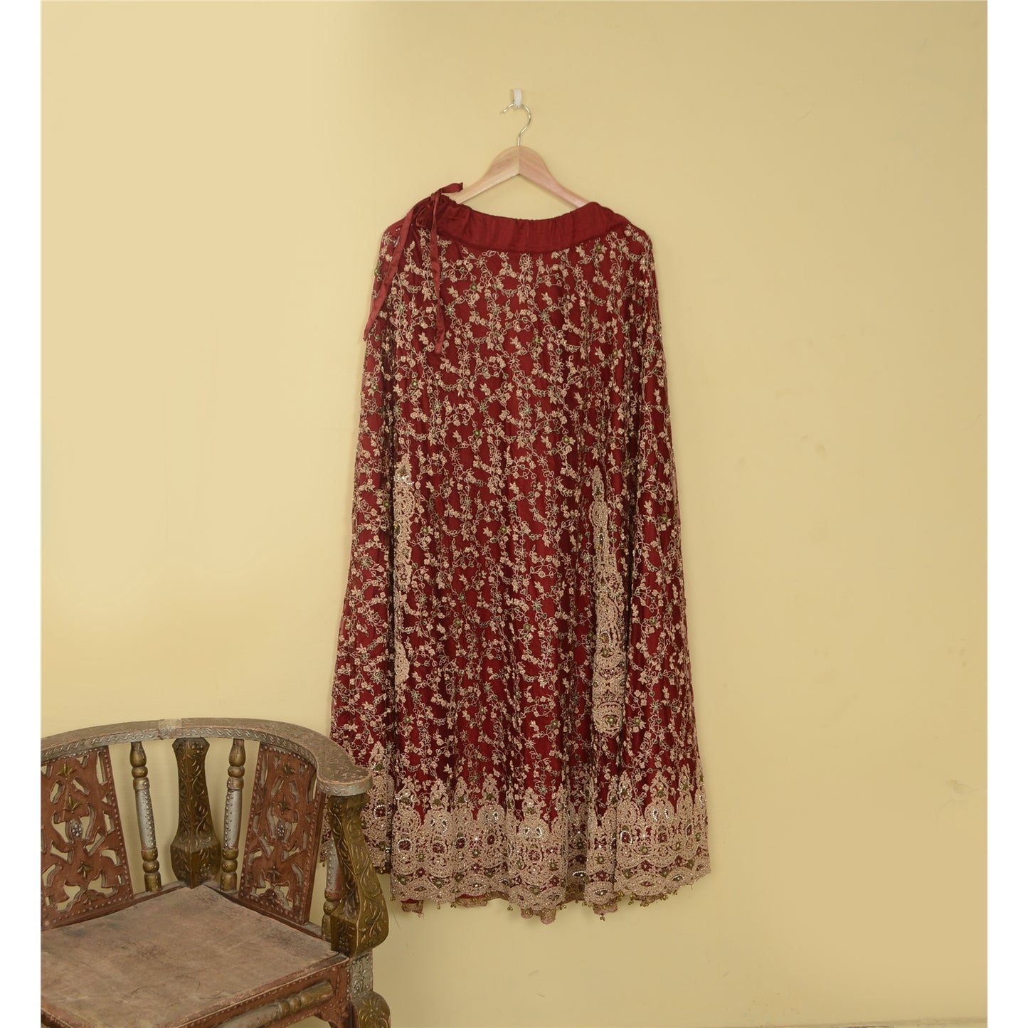 Sanskriti Vintage Dark Red Long Skirt Net Mesh Hand Beaded Stitched Lehenga