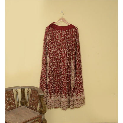 Sanskriti Vintage Dark Red Long Skirt Net Mesh Hand Beaded Stitched Lehenga
