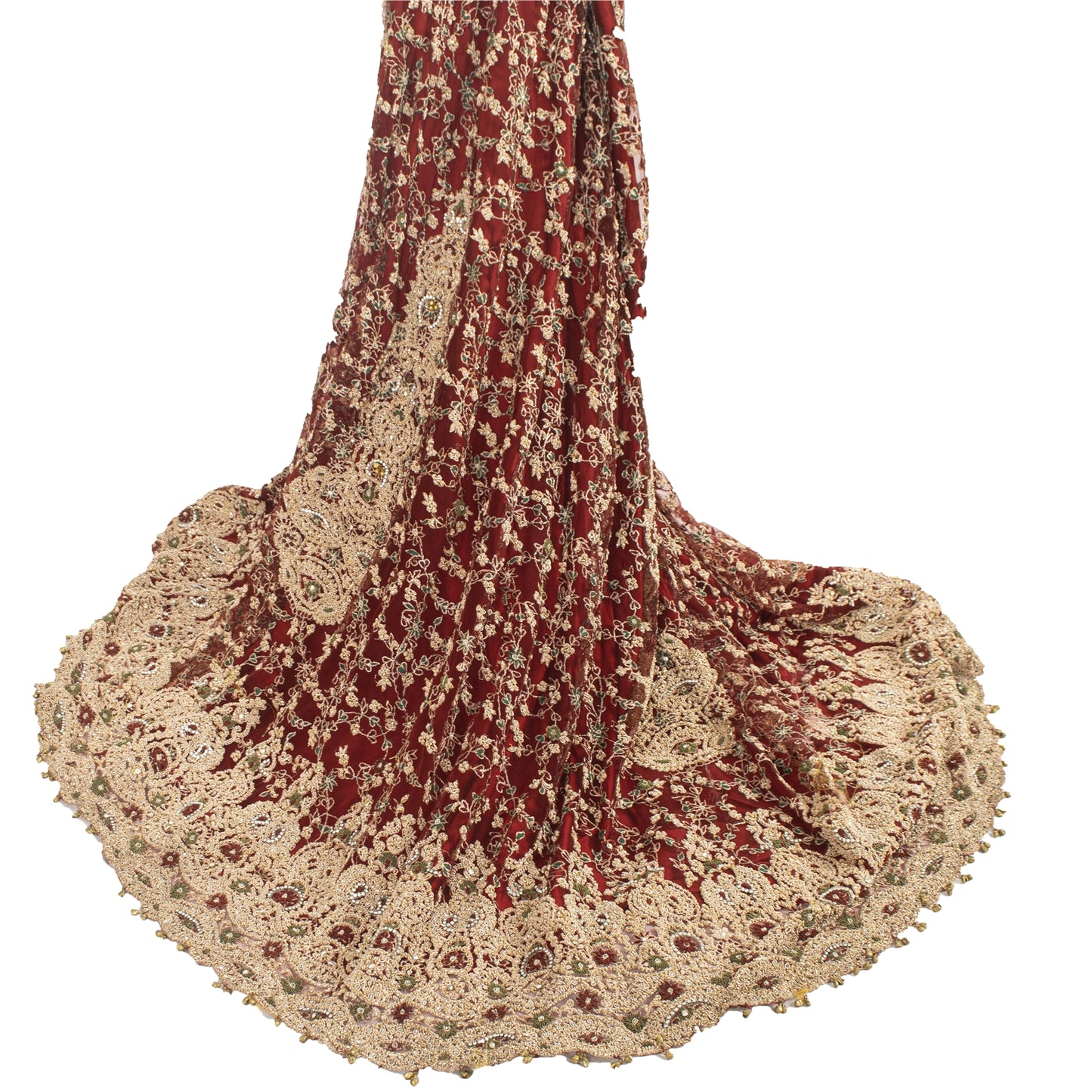 Sanskriti Vintage Dark Red Long Skirt Net Mesh Hand Beaded Stitched Lehenga