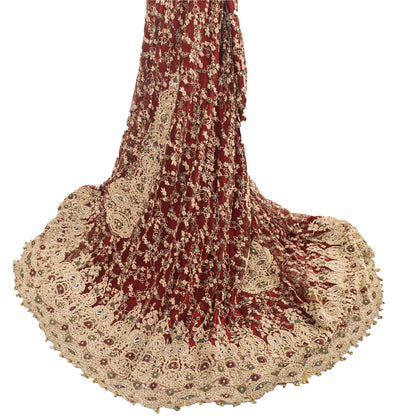Sanskriti Vintage Dark Red Long Skirt Net Mesh Hand Beaded Stitched Lehenga