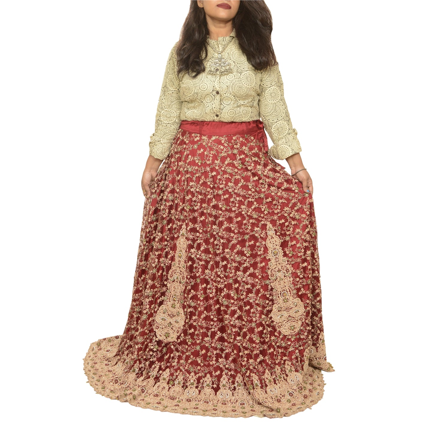 Sanskriti Vintage Dark Red Long Skirt Net Mesh Hand Beaded Stitched Lehenga