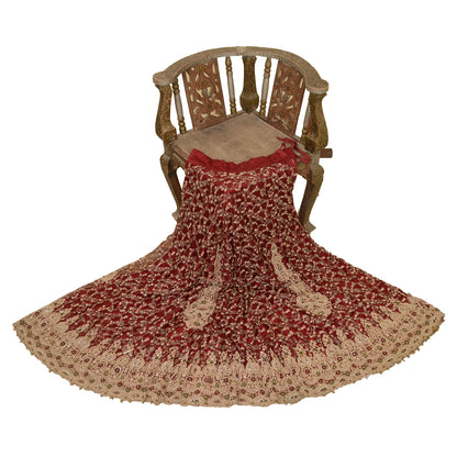 Sanskriti Vintage Dark Red Long Skirt Net Mesh Hand Beaded Stitched Lehenga