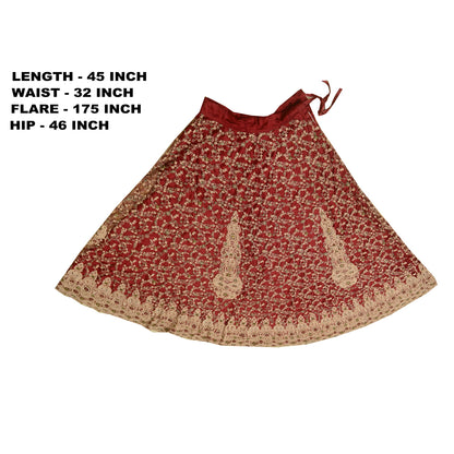 Sanskriti Vintage Dark Red Long Skirt Net Mesh Hand Beaded Stitched Lehenga