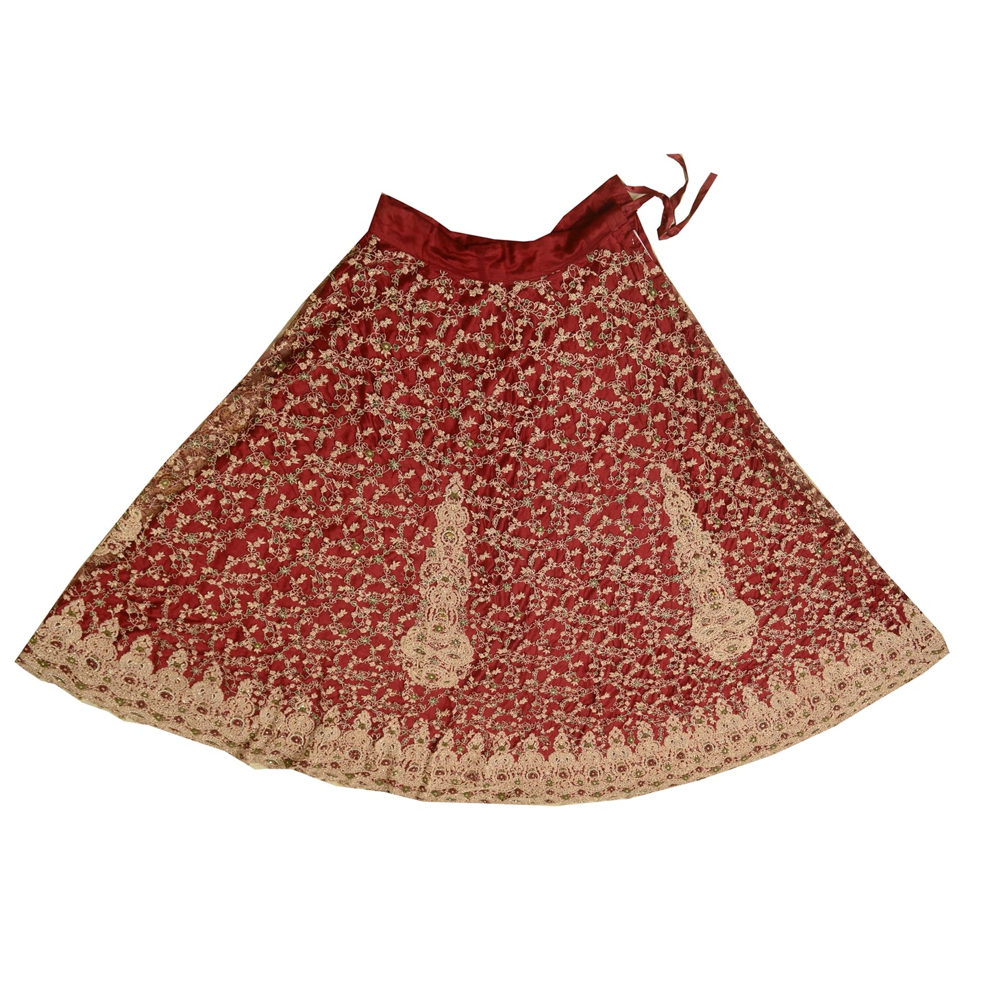 Sanskriti Vintage Dark Red Long Skirt Net Mesh Hand Beaded Stitched Lehenga