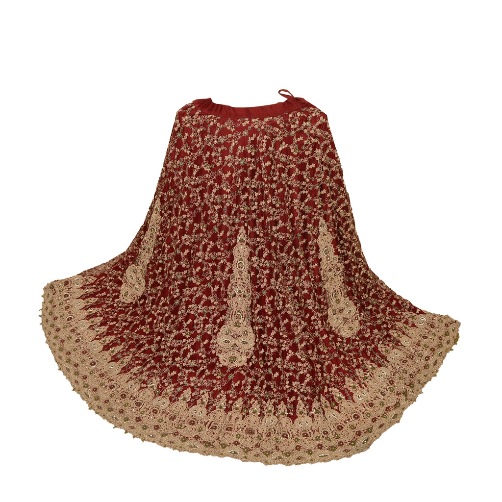 Sanskriti Vintage Dark Red Long Skirt Net Mesh Hand Beaded Stitched Lehenga