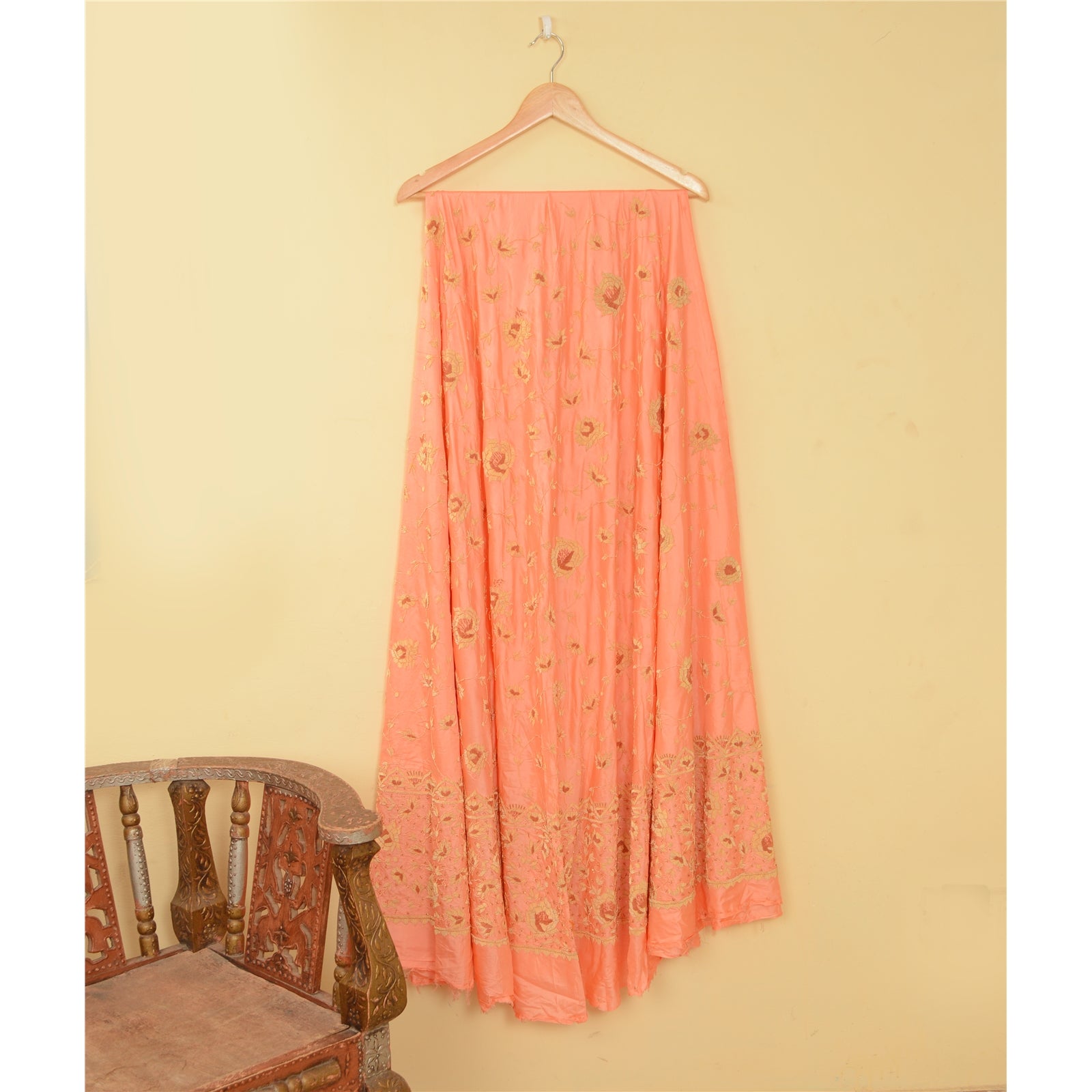 Sanskriti Vintage Peach Pure Silk Long Skirt Unstitched Hand Embroidered Zardozi