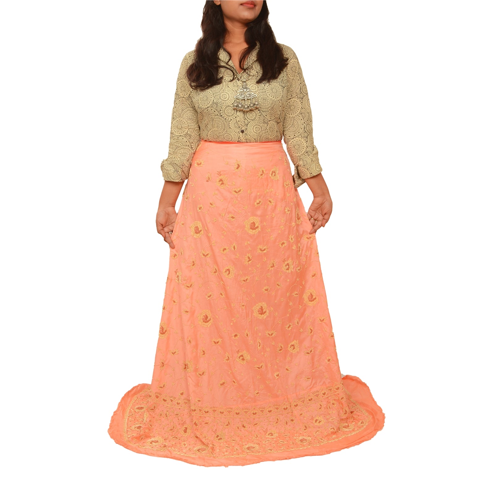 Sanskriti Vintage Peach Pure Silk Long Skirt Unstitched Hand Embroidered Zardozi