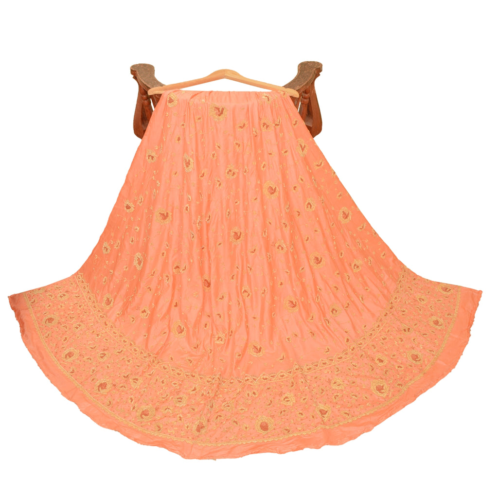 Sanskriti Vintage Peach Pure Silk Long Skirt Unstitched Hand Embroidered Zardozi Wedding Dressing