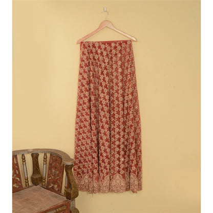 Sanskriti Vintage Red Net Mesh Skirt Unstitched Hand Beaded Zardozi Bollywood
