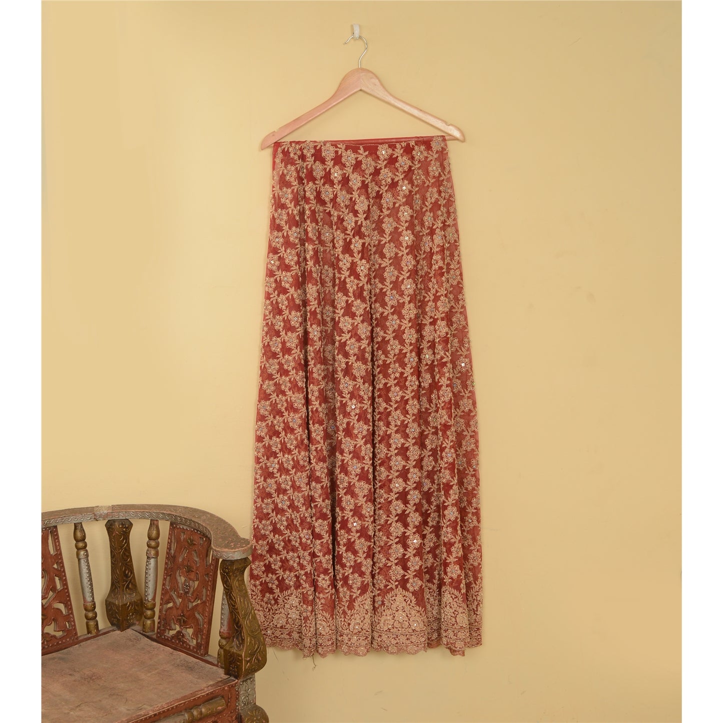 Sanskriti Vintage Red Net Mesh Skirt Unstitched Hand Beaded Zardozi Bollywood