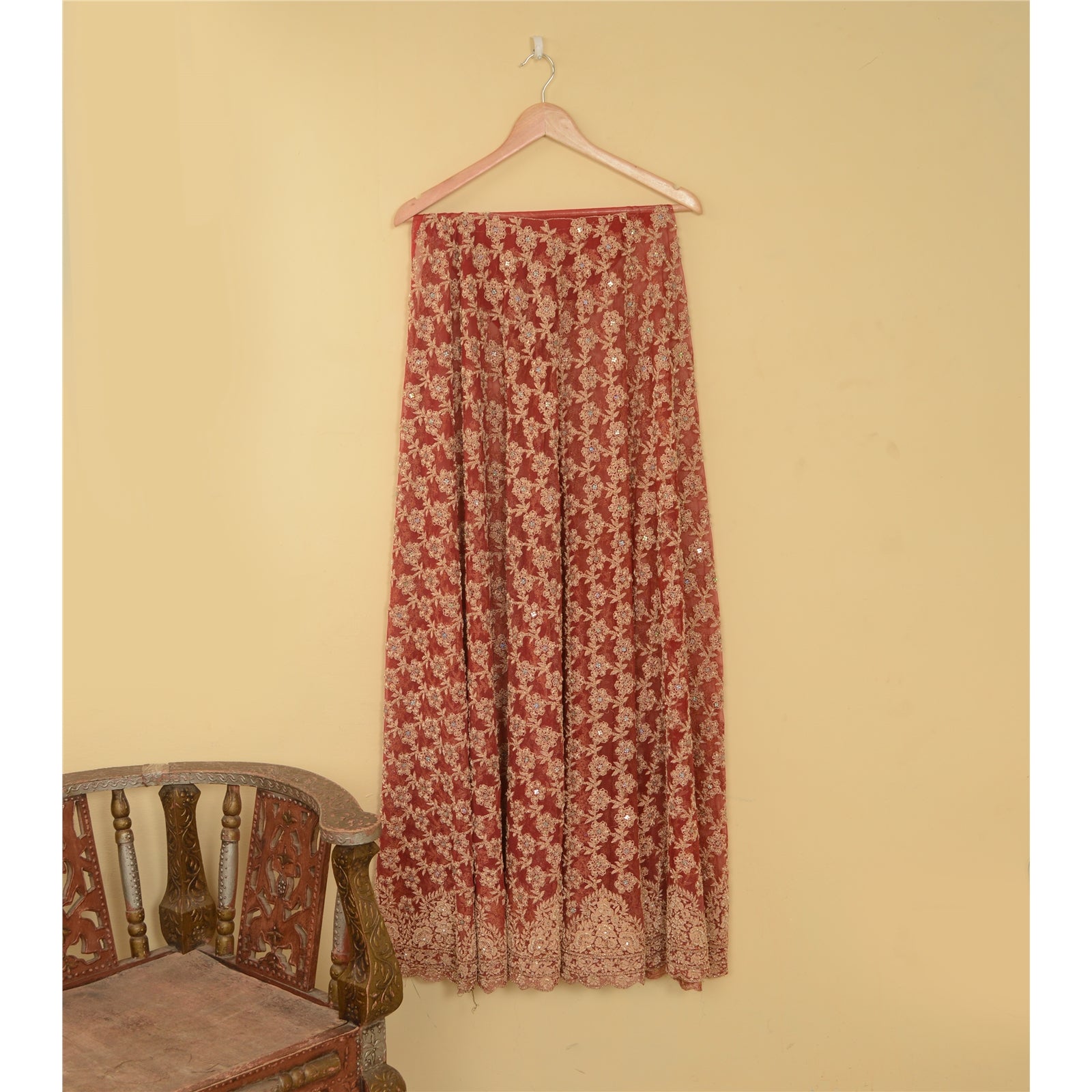 Sanskriti Vintage Red Net Mesh Skirt Unstitched Hand Beaded Zardozi Bollywood