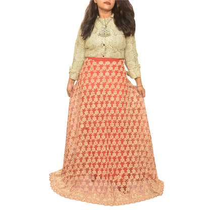 Sanskriti Vintage Red Net Mesh Skirt Unstitched Hand Beaded Zardozi Bollywood