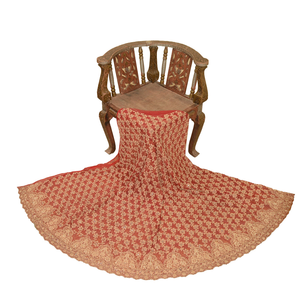 Sanskriti Vintage Red Net Mesh Skirt Unstitched Hand Beaded Zardozi Bollywood