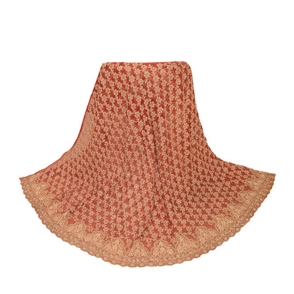 Sanskriti Vintage Red Net Mesh Skirt Unstitched Hand Beaded Zardozi Bollywood