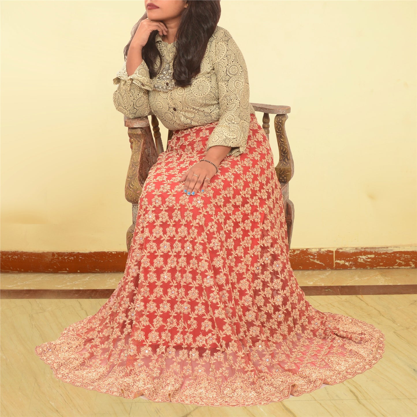 Sanskriti Vintage Red Net Mesh Skirt Unstitched Hand Beaded Zardozi Bollywood