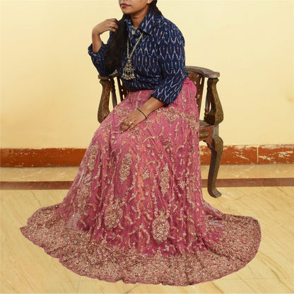 Sanskriti Vintage Long Skirt Pink Hand Beaded Stitched Party/Bollywood Lehenga