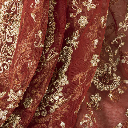 Sanskriti vintage Red Long Skirt Net Mesh Hand Beaded Unstitched Zari Lehenga
