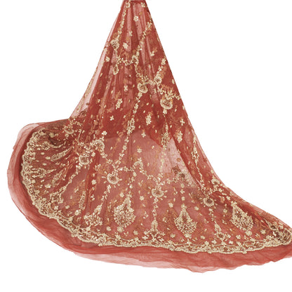 Sanskriti vintage Red Long Skirt Net Mesh Hand Beaded Unstitched Zari Lehenga