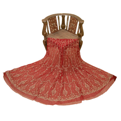 Sanskriti vintage Red Long Skirt Net Mesh Hand Beaded Unstitched Zari Lehenga