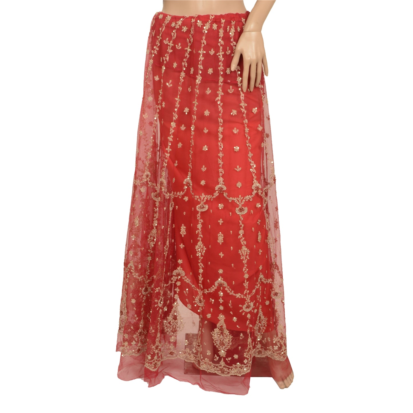 Sanskriti vintage Red Long Skirt Net Mesh Hand Beaded Unstitched Zari Lehenga