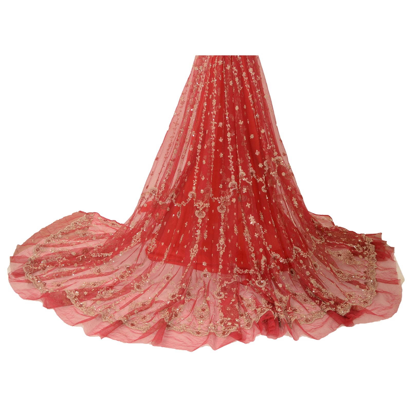 Sanskriti vintage Red Long Skirt Net Mesh Hand Beaded Unstitched Zari Lehenga