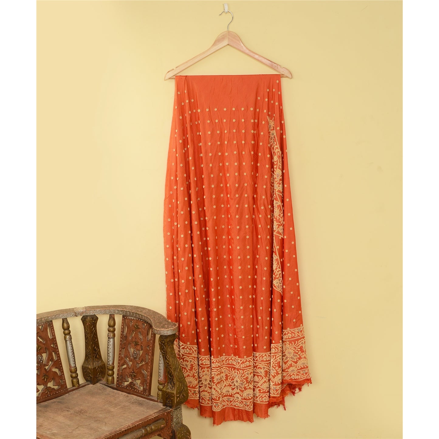Sanskriti Vintage Orange Long Skirt Pure Silk Hand Beaded Unstitched Lehenga