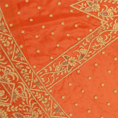 Sanskriti Vintage Orange 100% Pure Silk Long Skirt Unstitched Hand Beaded Zari Zardozi Wedding