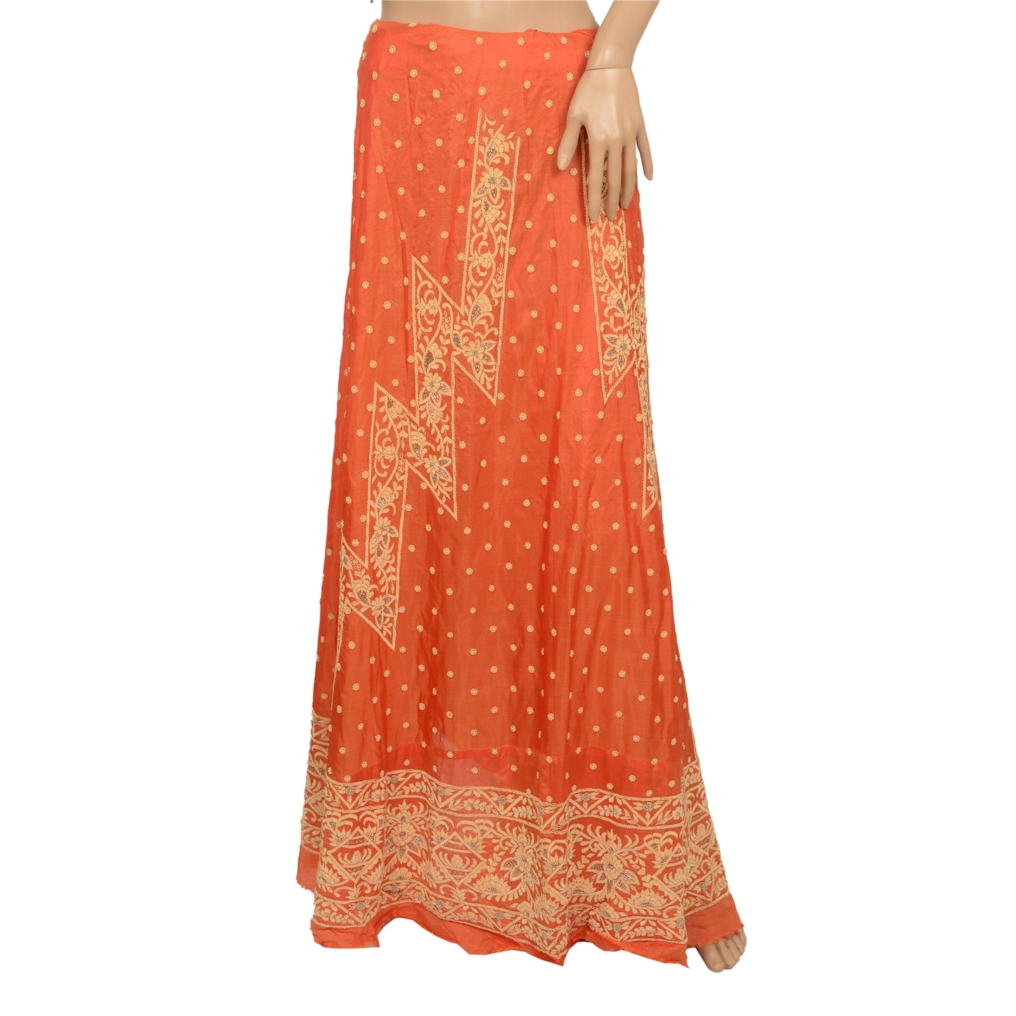 Sanskriti Vintage Orange Long Skirt Pure Silk Hand Beaded Unstitched Lehenga