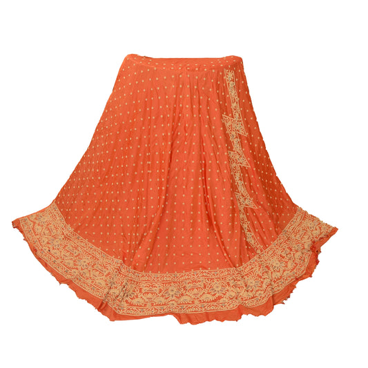Sanskriti Vintage Orange 100% Pure Silk Long Skirt Unstitched Hand Beaded Zari Zardozi Wedding
