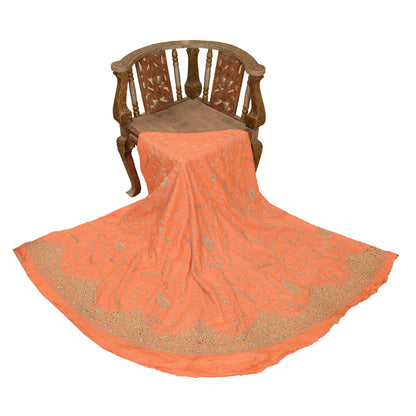 Sanskriti Vintage Peach Long Skirt Pure Silk Hand Embroidered Unstitched Lehenga