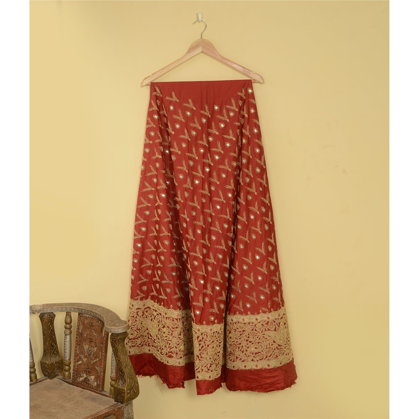 Sanskriti vintage Dark Red Long Skirt Pure Silk Hand Beaded Unstitched Lehenga