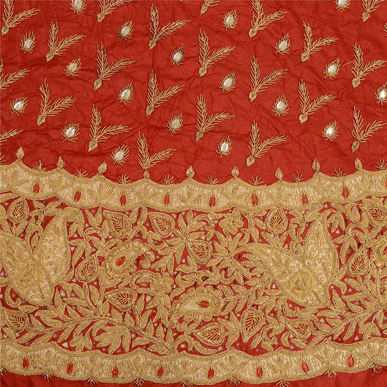 Sanskriti vintage Dark Red Long Skirt Pure Silk Hand Beaded Unstitched Lehenga