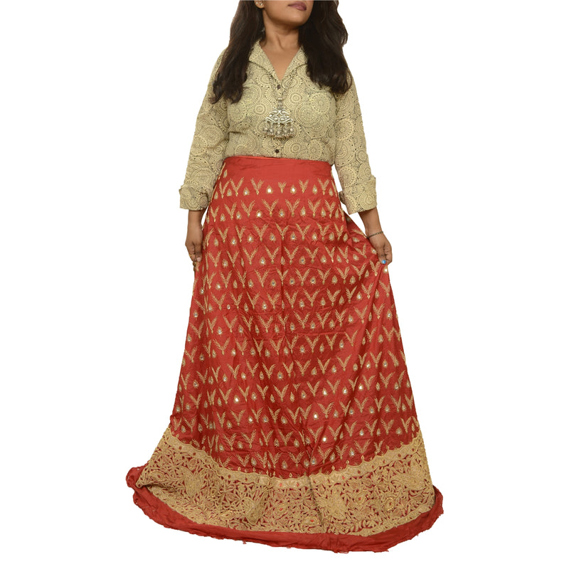 Sanskriti vintage Dark Red Long Skirt Pure Silk Hand Beaded Unstitched Lehenga