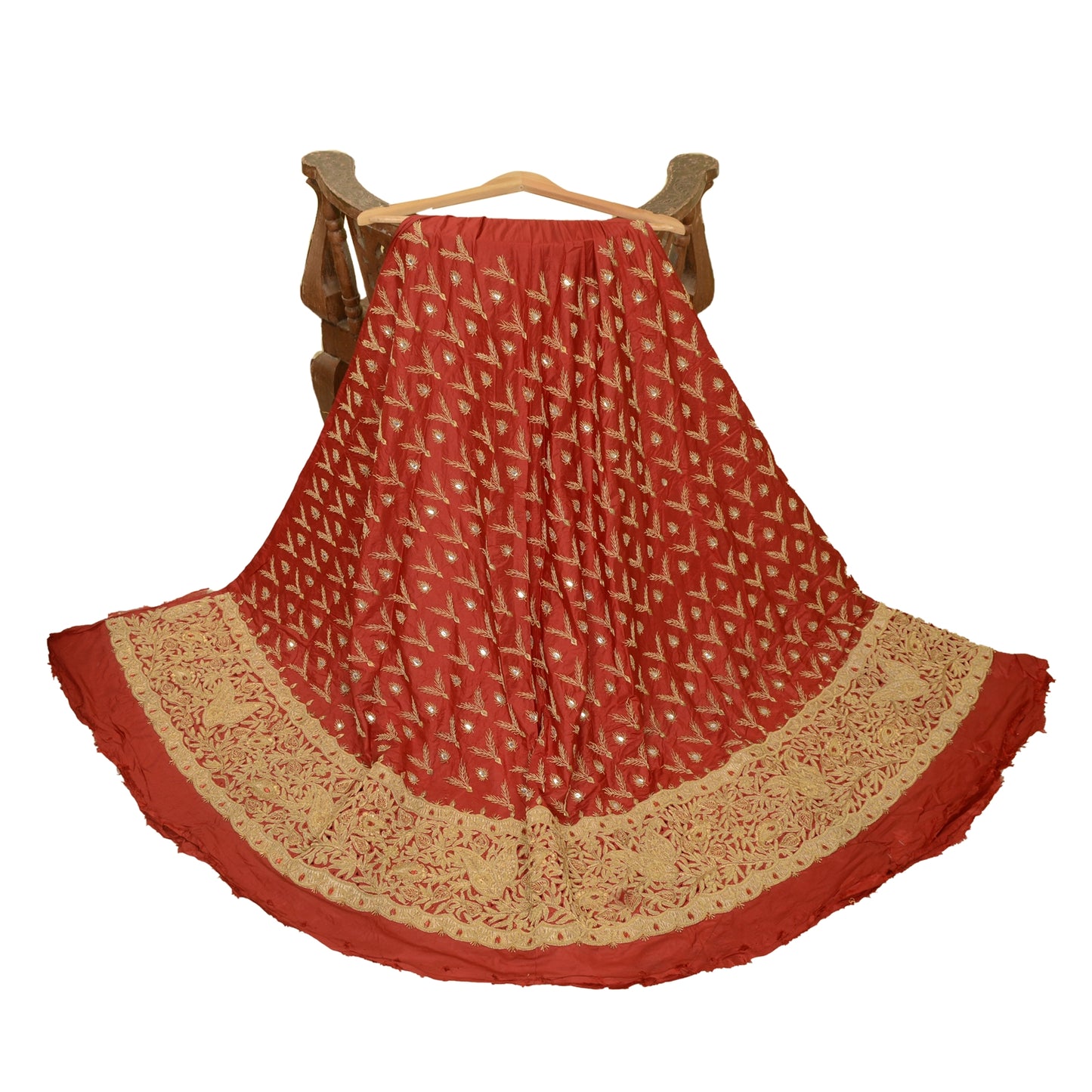 Sanskriti vintage Dark Red Long Skirt Pure Silk Hand Beaded Unstitched Lehenga