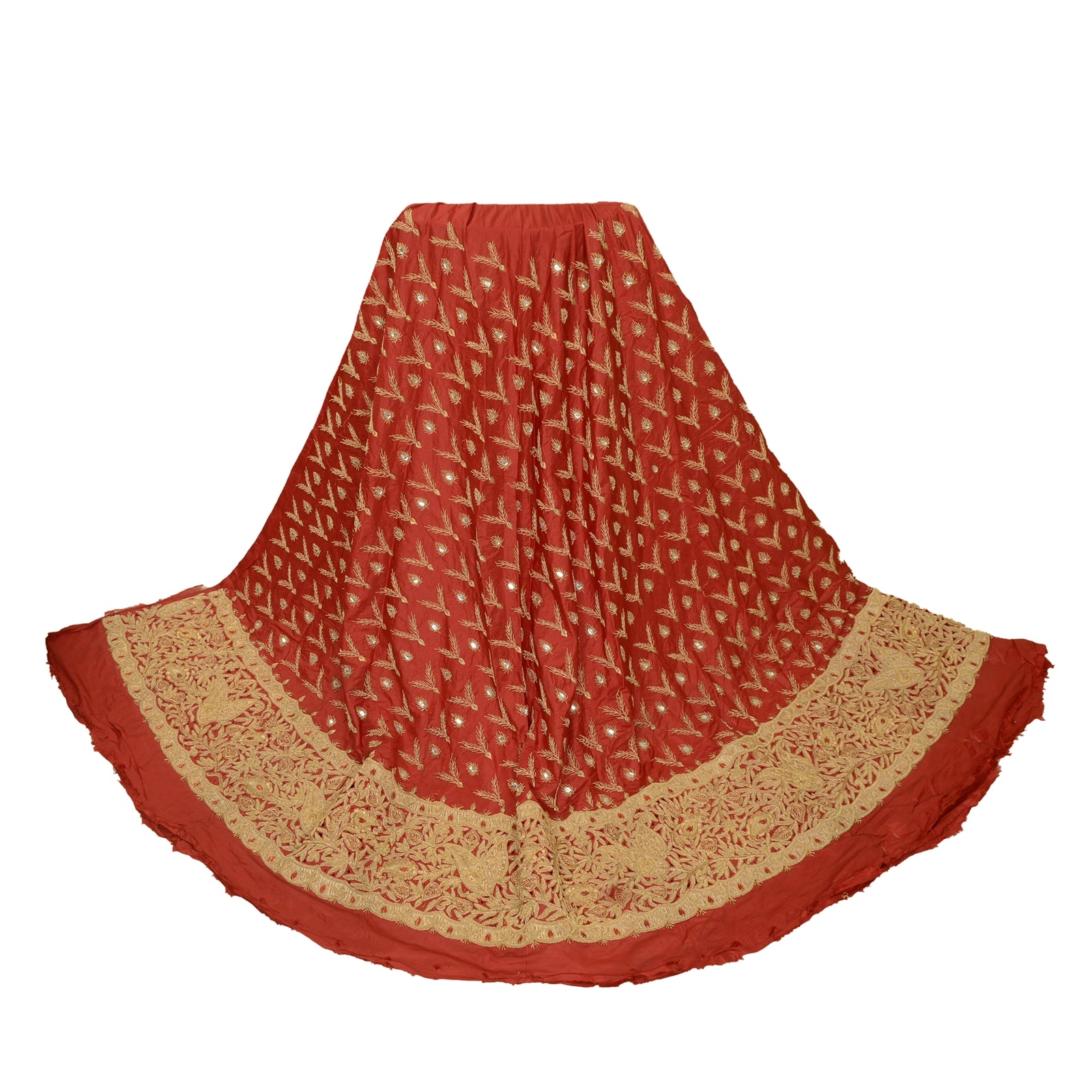 Sanskriti vintage Dark Red Long Skirt Pure Silk Hand Beaded Unstitched Lehenga
