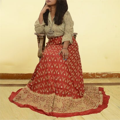 Sanskriti vintage Dark Red Long Skirt Pure Silk Hand Beaded Unstitched Lehenga