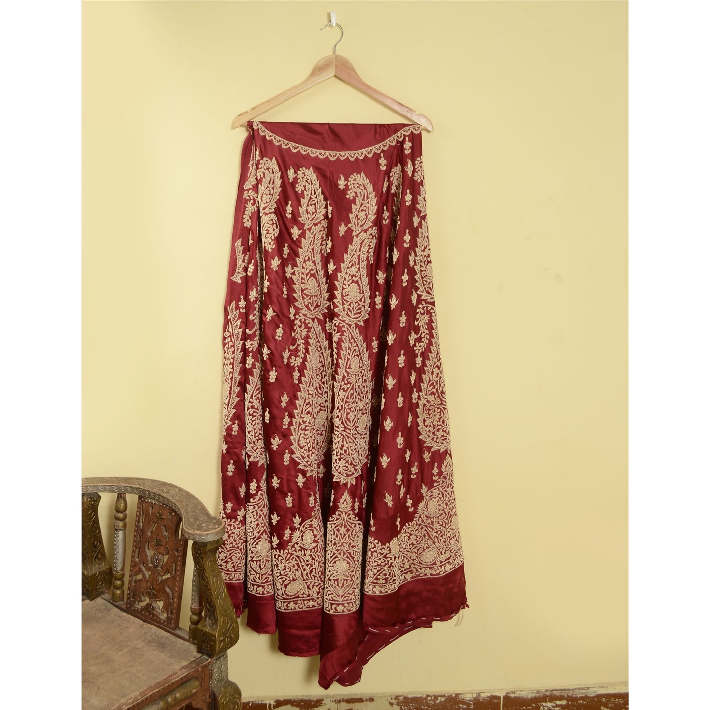 Sanskriti Vintage Red 100%Pure Satin Silk Long Skirt Unstitched Handmade Zardozi