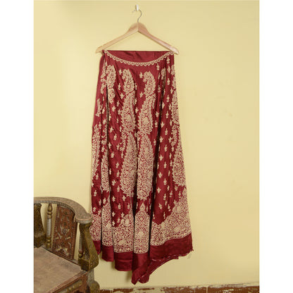 Sanskriti Vintage Red 100%Pure Satin Silk Long Skirt Unstitched Handmade Zardozi