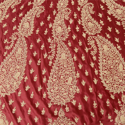 Sanskriti Vintage Red 100%Pure Satin Silk Long Skirt Unstitched Handmade Zardozi