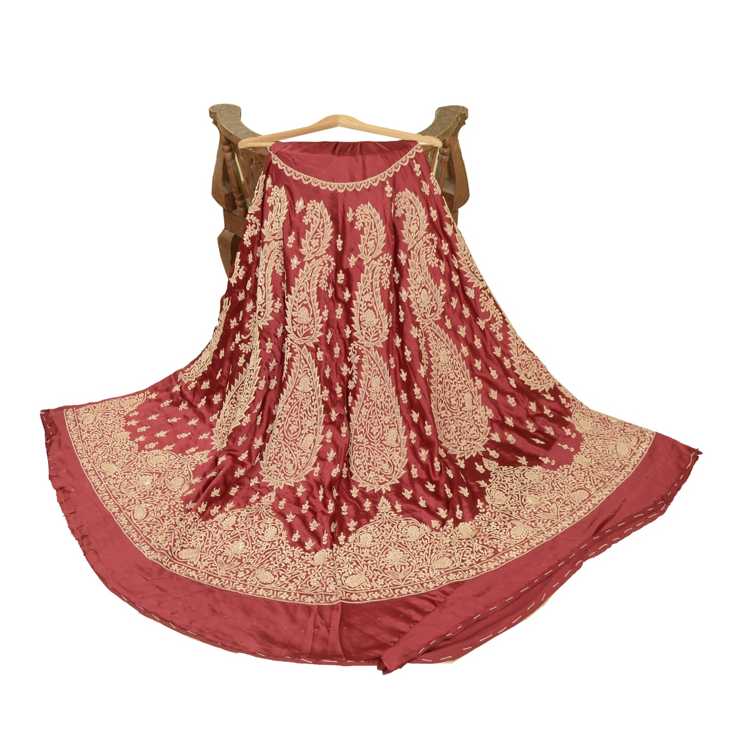 Sanskriti Vintage Red 100%Pure Satin Silk Long Skirt Unstitched Handmade Zardozi