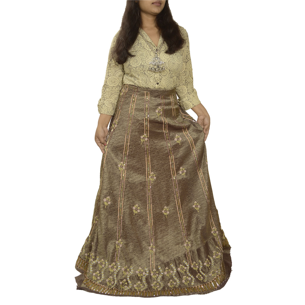 Sanskriti Vintage Golden Purple Art Silk Skirt Unstitched Hand Beaded Sequins