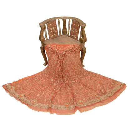 Sanskriti Vintage Peach Long Skirt Net Mesh Hand Beaded Unstitched Zari Lehenga