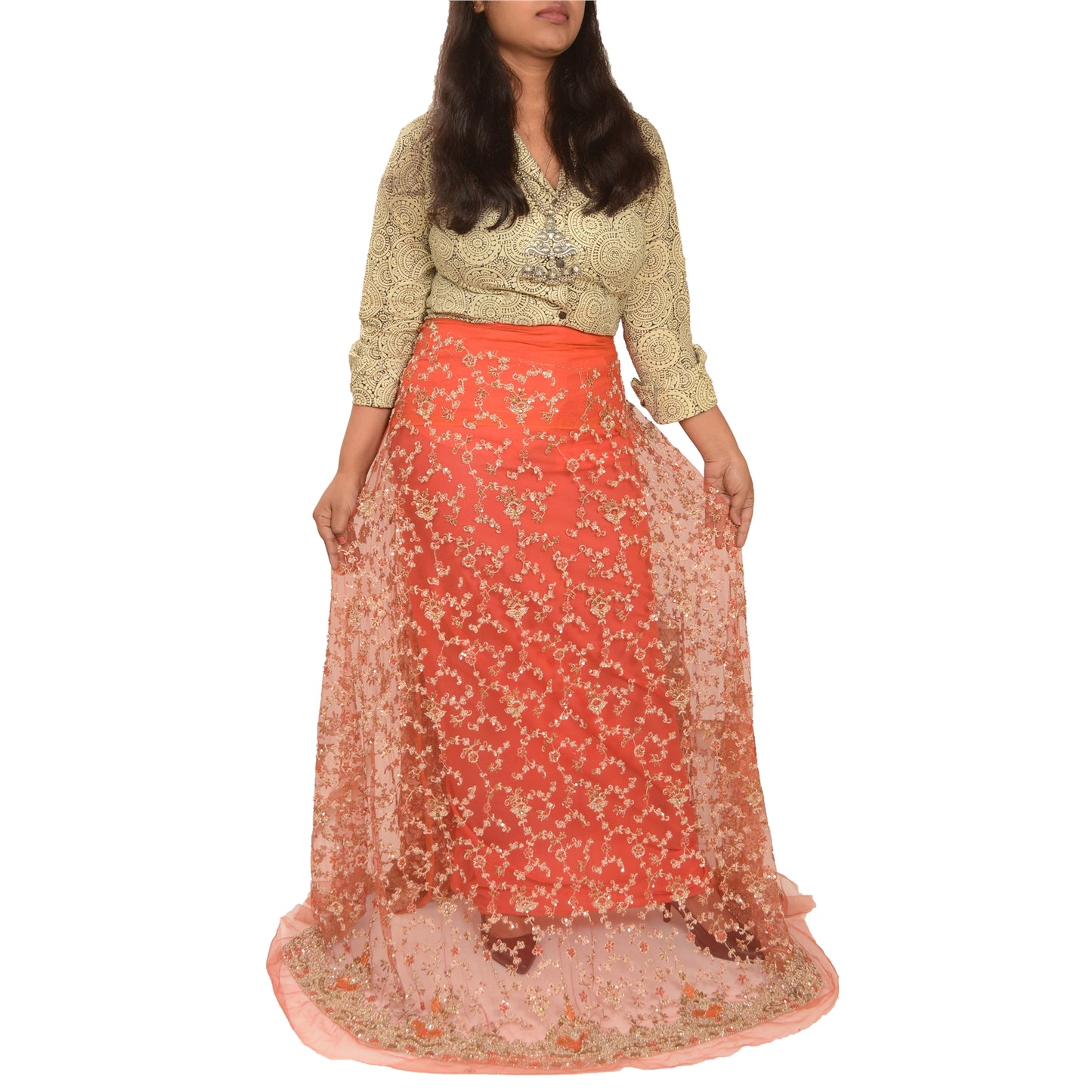 Sanskriti Vintage Peach Long Skirt Net Mesh Hand Beaded Unstitched Zari Lehenga