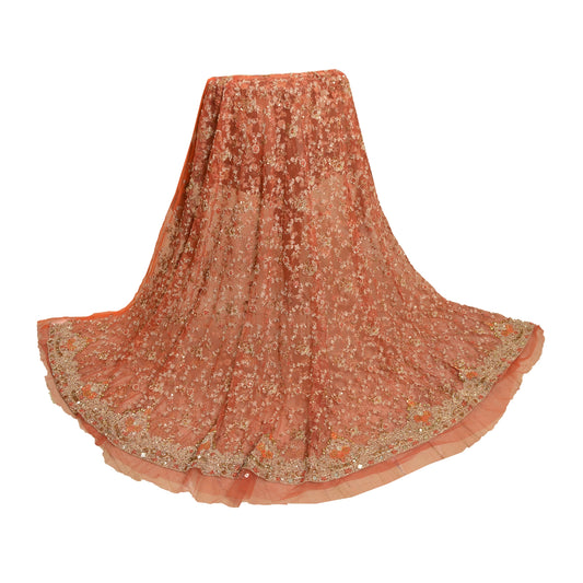 Sanskriti Vintage Peach Long Skirt Net Mesh Hand Beaded Unstitched Zari Lehenga