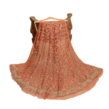Sanskriti Vintage Peach Long Skirt Net Mesh Hand Beaded Unstitched Zari Lehenga