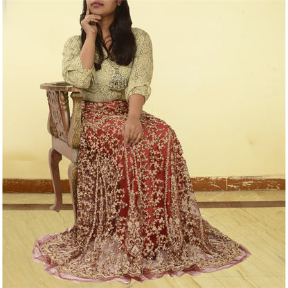 Sanskriti Vintage Long Skirt Net Mesh Handmade Unstitched Kundan Stone Lehenga