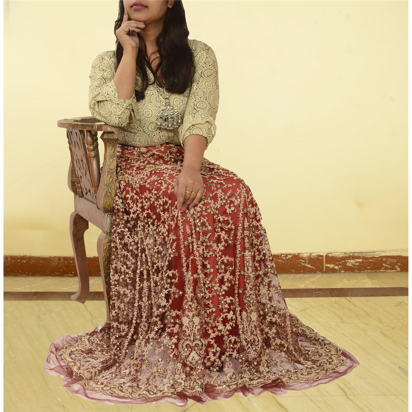 Sanskriti Vintage Long Skirt Net Mesh Handmade Unstitched Kundan Stone Lehenga