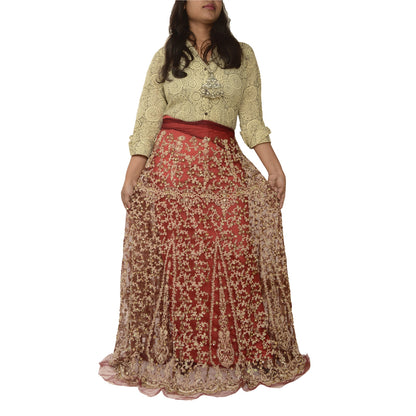 Sanskriti Vintage Long Skirt Net Mesh Handmade Unstitched Kundan Stone Lehenga